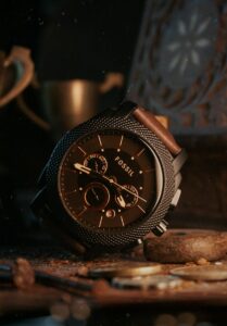 black and silver chronograph watch, Fossil watch