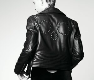 wearing a black leather jacket